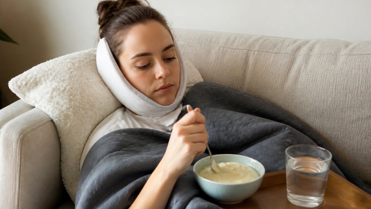 A young adult resting on a couch with a bowl of mashed potatoes and a glass of water nearby, soft blanket and pillow propping the head up, calm home setting