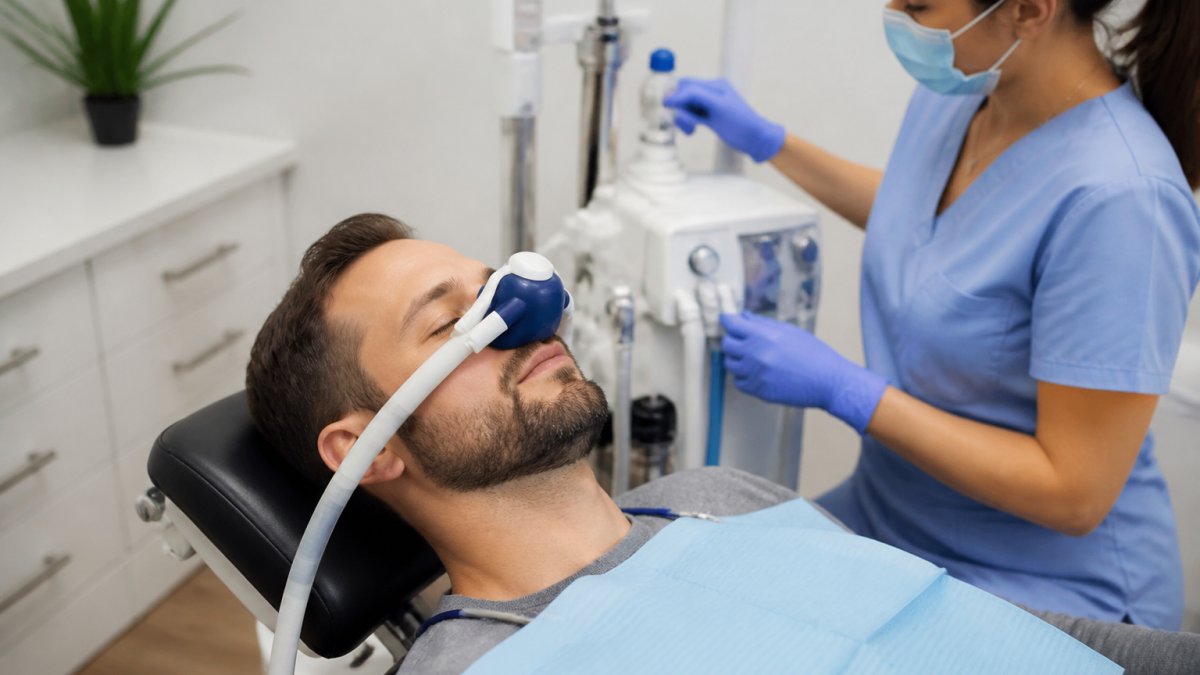 Patient relaxing in a dental chair with a nitrous oxide mask during sedation dentistry treatment